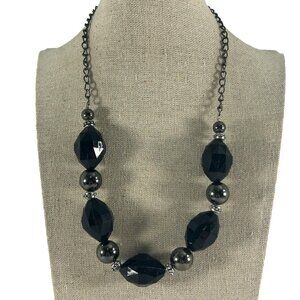 Beaded Necklace Silver Tone Black Acrylic Faceted Beads 19-21" Long